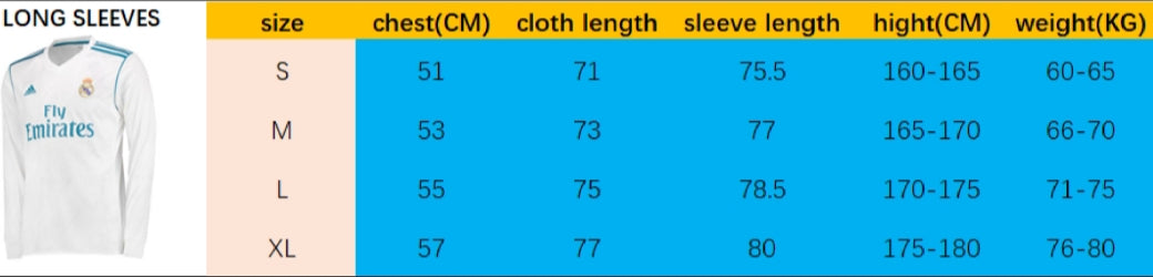 long sleeve size chart