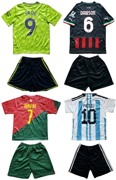 Customized kid's soccer jersey shorts set with name number camiseta remera playera conjunto de niño personalizada con nombre numero