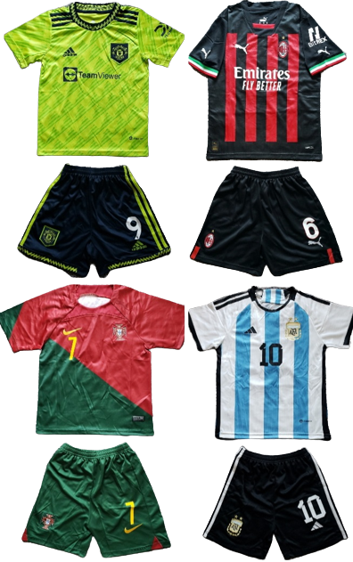 Customized kid's soccer jersey shorts set with name number camiseta remera playera conjunto de niño personalizada con nombre numero